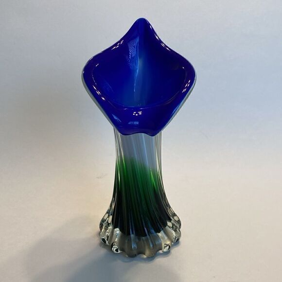 Hand Blown Art Glass Swirled Vase 8” Blue White Green - Picture 11 of 11